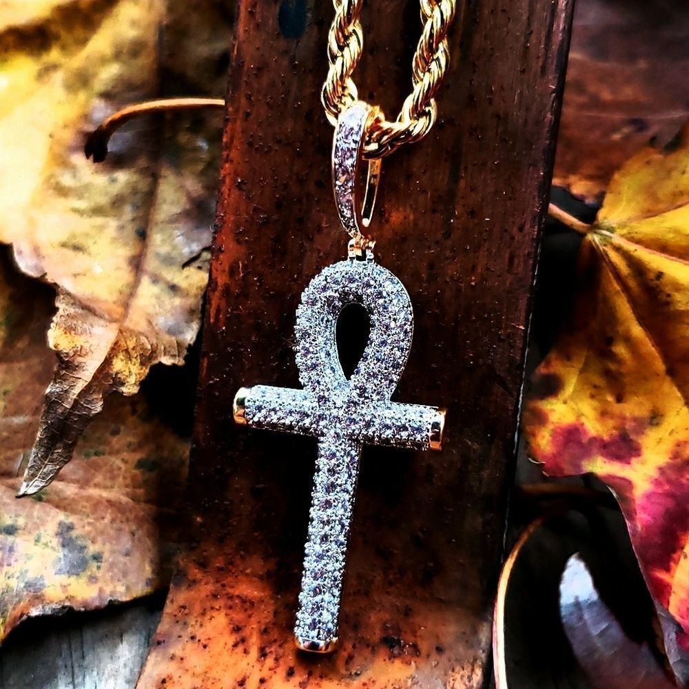 14k GP Iced Lab Diamond Ankh Necklace